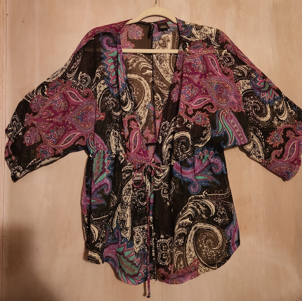 Purple Paisley Print Sheer Kimono Style Top